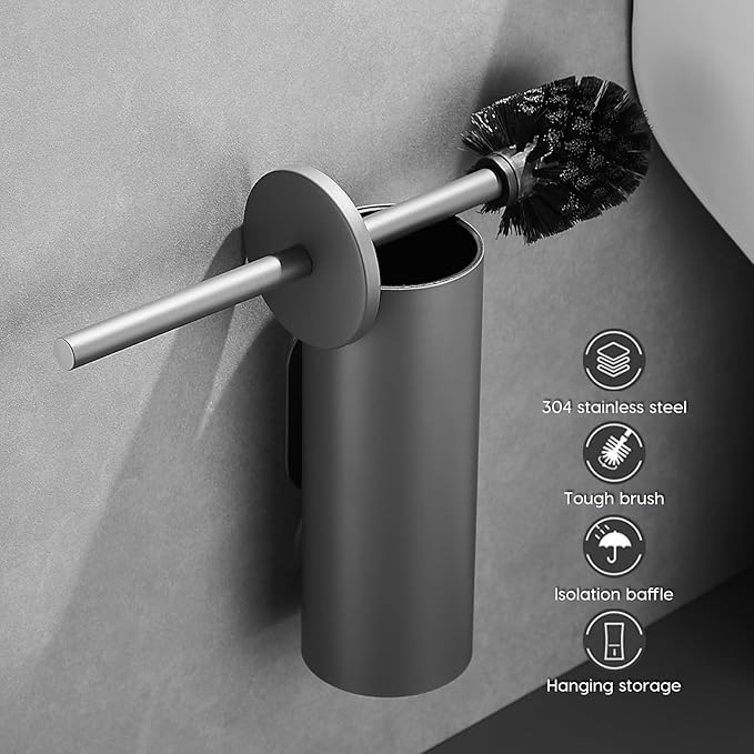 Stainless Steel Toilet Brush and Holder Set No-Punch Hook Base Dual Purpose Toilet Brush Holder with Removable Inner Bucket and Splash Cover - Soft Bristles (Gray)