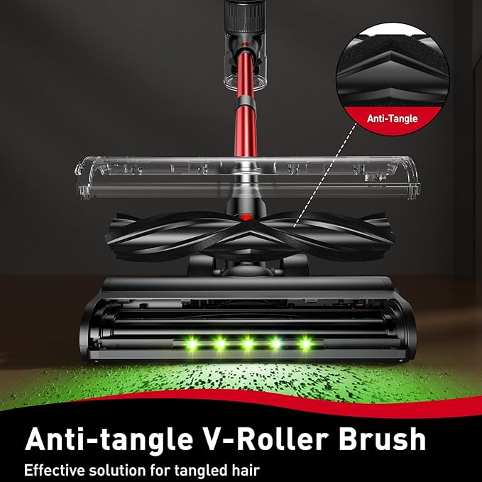 Cordless Vacuum Cleaner 45KPA 8-in-1 Vacuum Cleaners for Home 45Mins Runtime Anti-Tangle Stick Vacuum with LED Display Rechargeable Lightweight Vacuum for Pet Hair/Carpet/Floor (Red)
