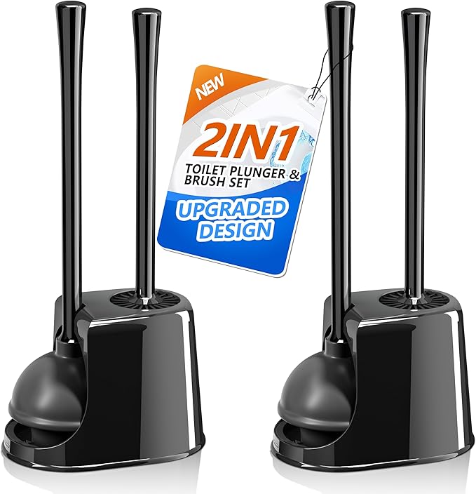 Toilet Plunger and Brush Set2 Pack Bowl Brush and Heavy Duty Toilet Brush with Ventilated Holder 2-in-1 Toilet Brush and Plunger Combo for Bathroom Deeply Cleaning（Black）