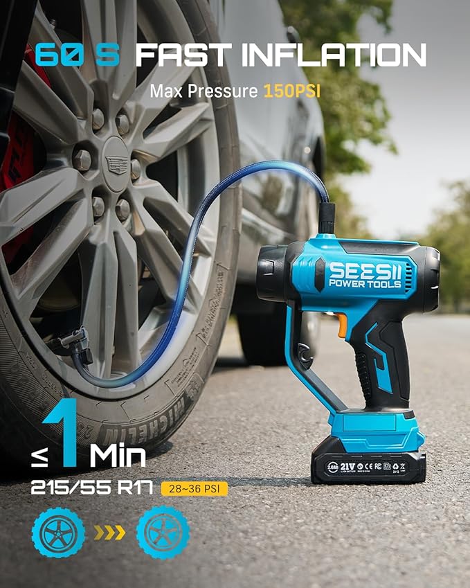 SEESII 3-in-1 Tire Inflator: Portable Air Compressor &amp Car Vacuum Cordless &amp Led Work Light with 2×2000mAh Batteries 21V Tire Air Pump 150PSI w/Digital Gauge+Auto-Shutoff for Ball/Bike/Car/Ho