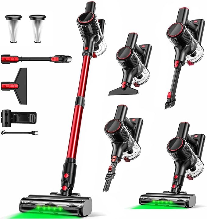 Cordless Vacuum Cleaner 45KPA 8-in-1 Vacuum Cleaners for Home 45Mins Runtime Anti-Tangle Stick Vacuum with LED Display Rechargeable Lightweight Vacuum for Pet Hair/Carpet/Floor (Red)