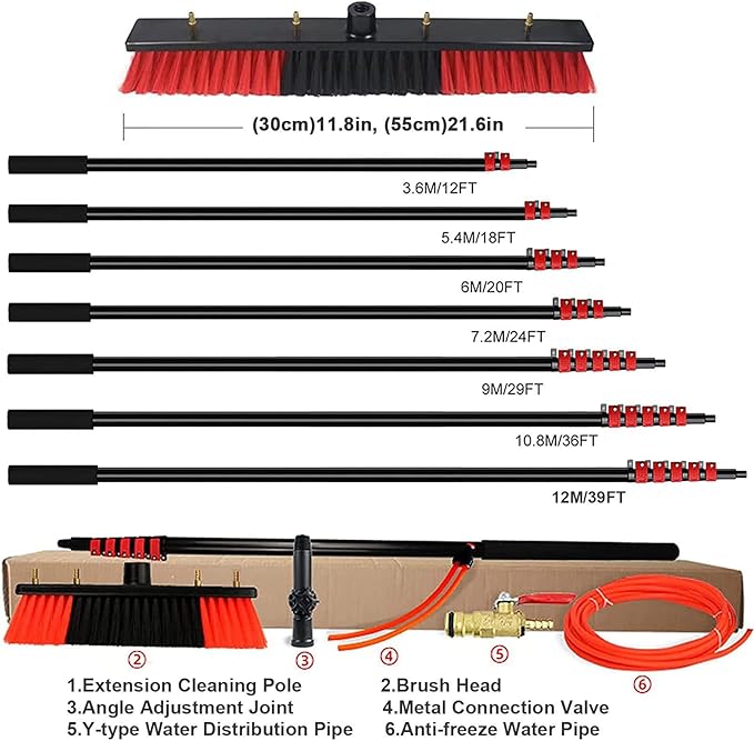 Outdoor Window Cleaning Pole Water Fed Telescopic Brush Water Fed Pole Kit with Hose Spray Solar Panel Cleaning System Outdoor Washing Equipment Tool for Photovoltaic Panel24FT/7.2M