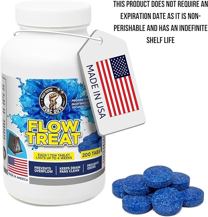 HVAC GUYS – Flow Treat Tabs - 200 Tablets | AC Drain Line Cleaner | Prevents Odors Keeps HVAC Drain Pan Clean Prevents Overflow | One Tablet Lasts up to 4 Weeks