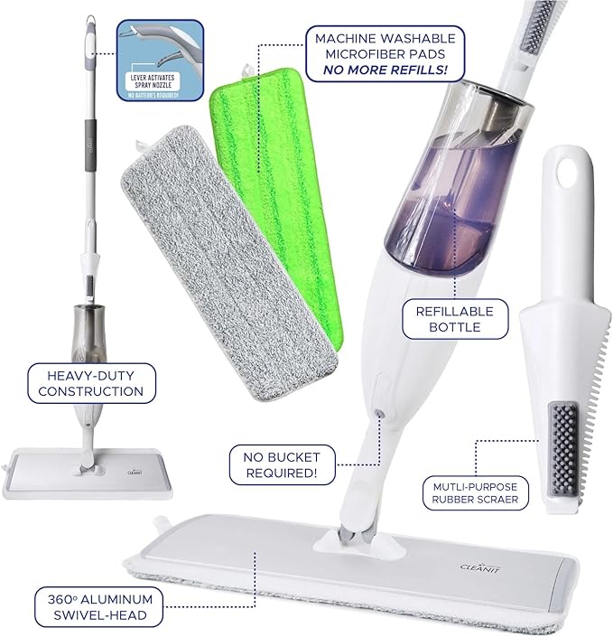 Don Aslett's Spray Mop Plus+ for Floor Cleaning| 360° Rotatable Head | Reusable Microfiber Pad | Rubber Scraper | Refillable | Cleaning Pods | All Floor Types Including Laminate Hardwood Tile