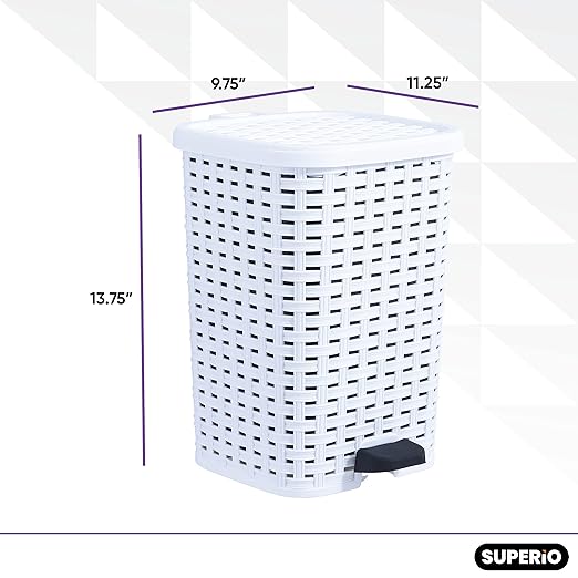 Superio Small Outdoor Trash Can with Lid for Dog Poop 3 Gallon/12 L Mini Plastic Garbage Can with Foot Pedal for Bathroom Bedroom Office Patio Wicker White
