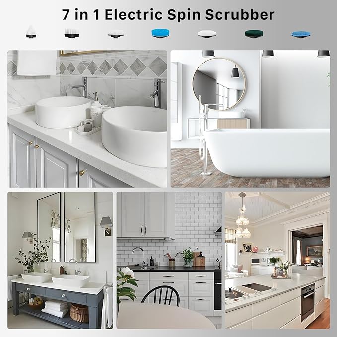 Electric Spin Scrubber Hillyfe Bathroom Scrubber Electric with 7 Replaceable Brush Heads IPX7 Waterproof300/400 RPM 3 Adjustable LengthScrubber Brush Electric for Bathtub FloorBlack
