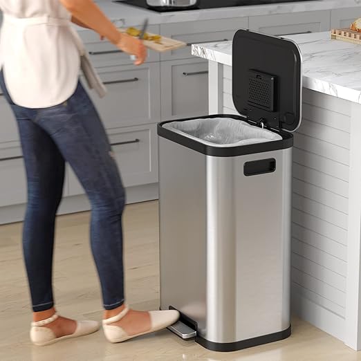 iTouchless SoftStep ProX 50 Liter / 13.2 Gallon Kitchen Step On Trash Can with AbsorbX Odor Filter &amp Removable Inner Bucket Stainless Steel Garbage Bin for Home Office Business Store Garage