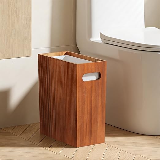 3 Gallon Wood Trash Can Solid Wooden Trash Can with Plastic Liner Handmade Slim Small Trash Can with Handle Fits Narrow Spaces Decorative Wastebasket for Bathroom Bedroom Office Kitchen