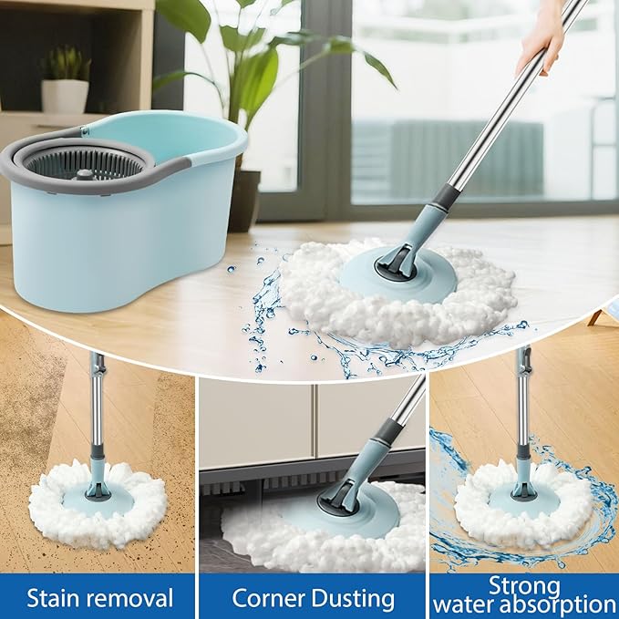 Spin Mop and Bucket Mop and Bucket with Wringer Set for Home 360 Spinning Mop Bucket Floor Cleaning Tool with 3 Microfiber Mop Replacement Head Refills50 Extended Handle for Floor Cleaning Home