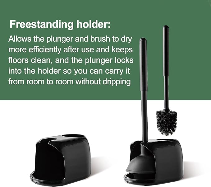 Eyliden Toilet Plunger and Brush 2 in 1 Toilet Bowl Brush Plunger Set with Holder Bathroom Cleaning Tools Combo with Caddy Stand Nylon Bristles Shatter-Resistant Plastic Black