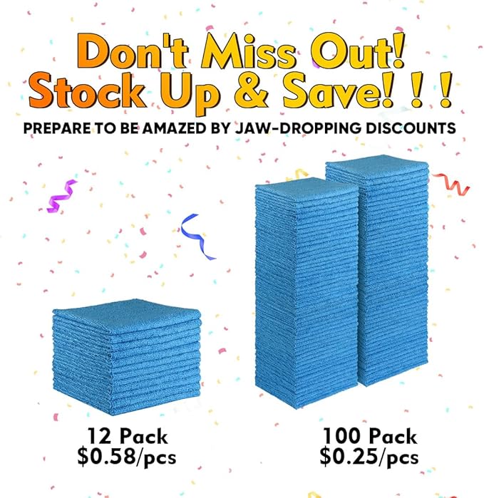 HOMEXCEL Blue Microfiber Cleaning Cloths 100 Pack Reusable Cleaning Rags Shop Towels - Bulk Multipurpose Microfiber Towels Lint Free Cleaning Towels for Car House &amp Kitchen 11.5 x 11.5 inch