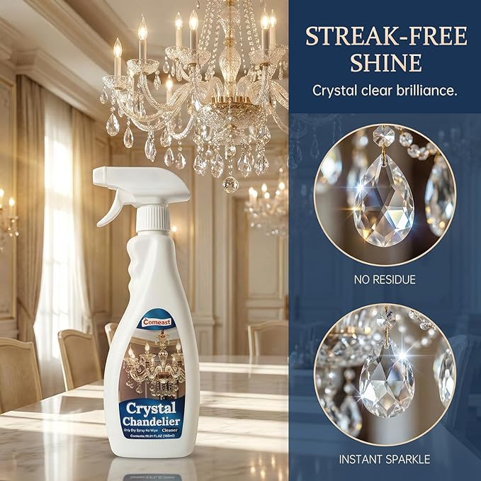 Crystal Chandelier Cleaner Spray No-Wipe Drip Dry Easy-to-Use Streak-Free Shine Safe for Crystal Glass &amp Metal Fixtures Ideal for High Ceiling Lighting (16.91 oz)