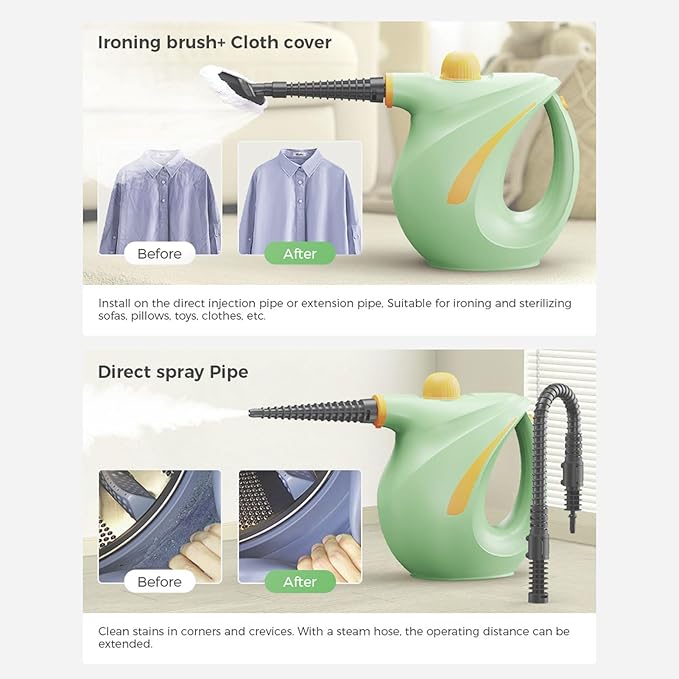 Handheld Steam Cleaner 1200W 3.0 Bar Pressure 105 degree High Temperature Portable Cleaning Steamer with Lid &amp Measuring Cup for Cleaning Tile Window Bathroom Home (green)