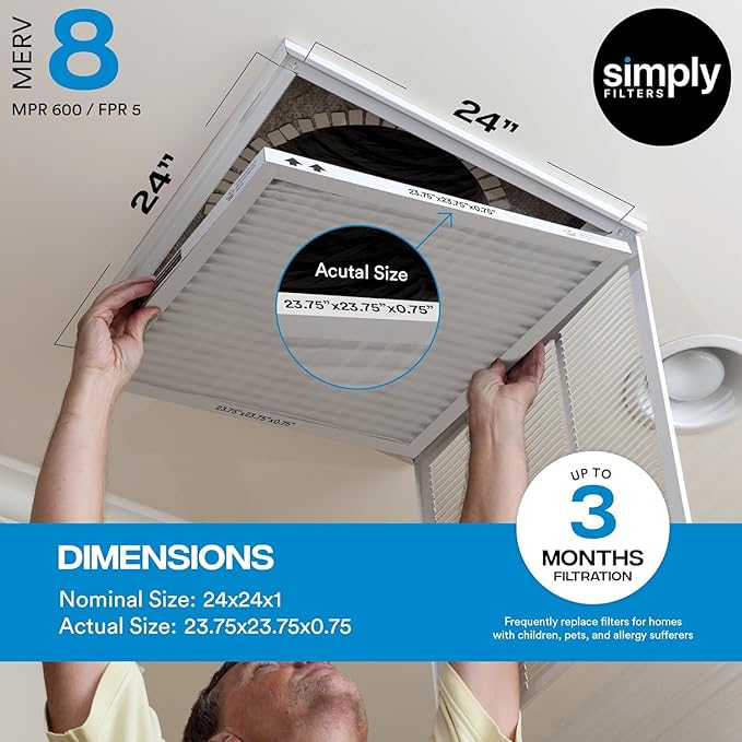 Simply 24x24x1 Air Filter Merv 8 6 Pack For Home AC Furnace &amp HVAC (Actual Size: 23.75x23.75x0.75) DUST Pet &amp Allergy Control