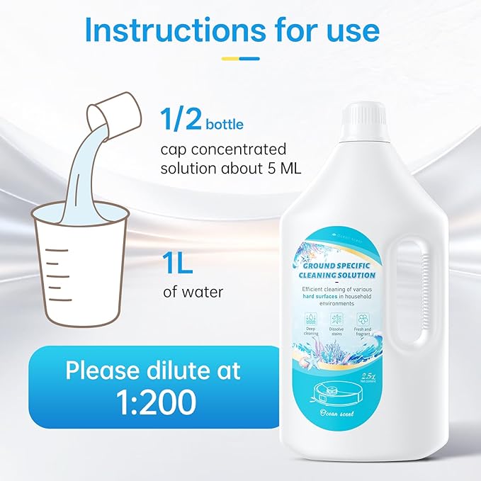 2.5L Floor Cleaning Solution Compatible with Roborock/Eufy/iRobot/Ecovacs/Dreame/Shark Fragrance Deodorization Deep Cleans for Multiple Hard Floors (2.5 Liter 【Fresh Ocean】)