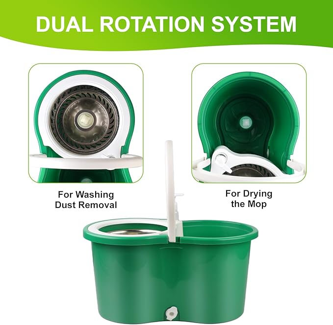 Spin Mop and Bucket with Wringer Set 360°Spin Mop &amp Bucket Floor Cleaning System Mop Bucket with Adjustable Extended Handle 3 Microfiber Replacement Head Refills Green