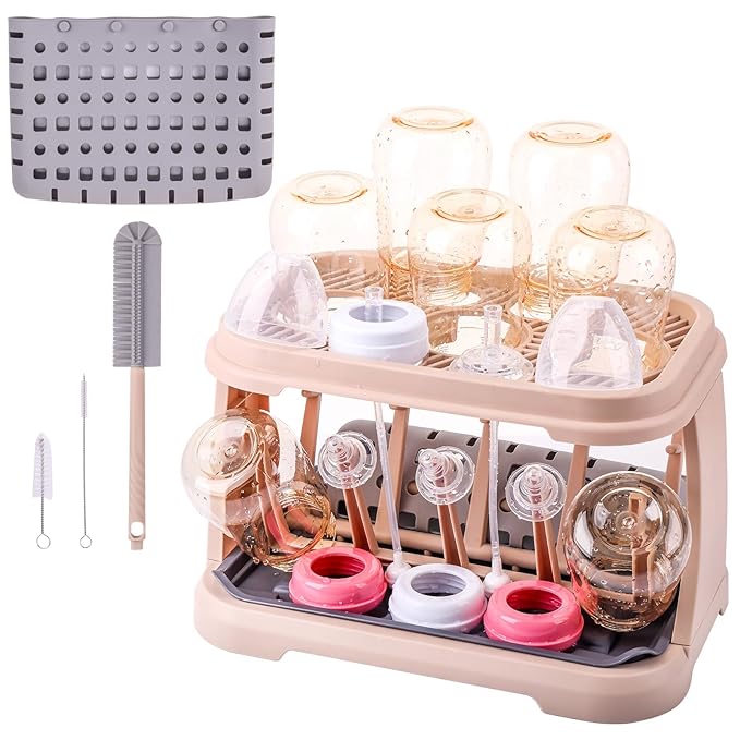 Baby Bottle Drying Rack with Brush &amp Dishwasher Basket - Space Saving Standing Drying Rack for Baby Bottles Pump Parts &amp Accessories Compact Organizer Holds Up to 8 Bottles (Pink Lotus Root)
