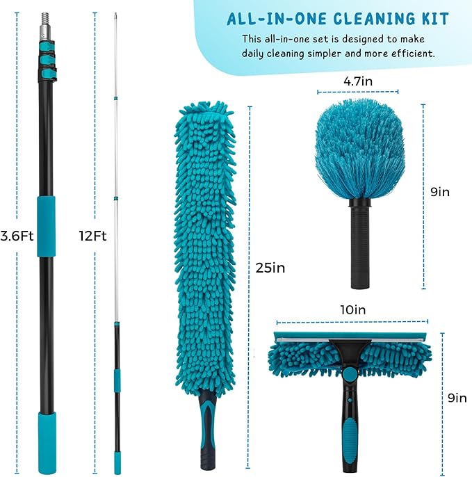 Cobweb Duster with 5-12 Ft Extension Pole Spider Web Brush with Long Telescoping Pole for 20 Feet Reach Window Cleaning Squeegee with Scrubber High Ceiling Fan Dusters