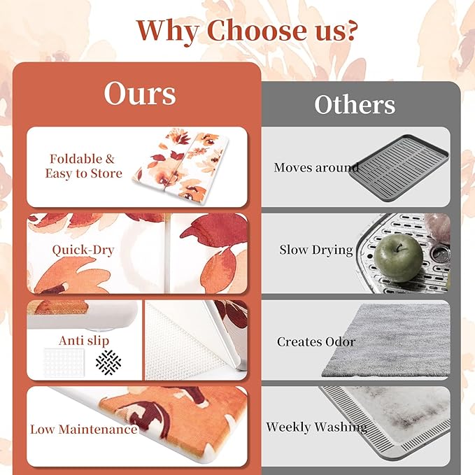 3 PCS Stone Dish Drying Mat for Kitchen Counter Quick Dry Foldable Stone Dishes Mats Water Absorbing Diatomaceous Earth Drying Organizer for Dishes Bottles Cups and Tableware (Orange)