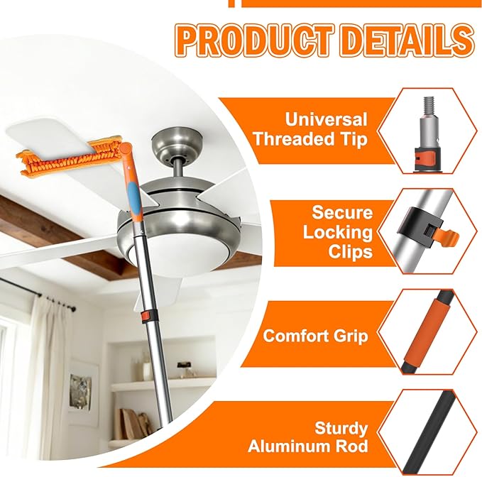 36FT Reach Ceiling Fan Cleaner Duster Fan Blade Cleaner Kit with 7-30FT Extension Pole Microfiber Duster &amp Replaceable Cleaning Cloth for Blades Ceiling Furniture