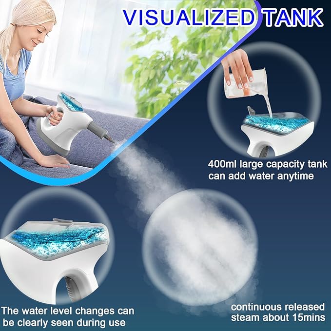 Handheld Steam Cleaner for Home 10S Immediate Heat Hand Held Steam Cleaner with Visualized Large Water Tank &amp 9 PCS Accessories &amp Safety Lock for KitchenCouchFloorWindowCar (WHITE+GREY)