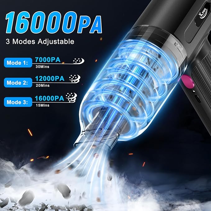 KMM Handheld Car Vacuum Cleaner 4 in 1 Vacuum Cleaner 16000Pa Air Duster 3-Speed Adjustable 120W High Power Vacuum Cleaner with LED Light and Multi-Nozzles for Car Home Office Pet