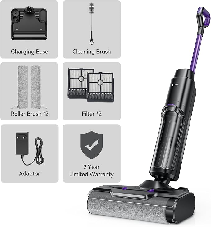 Redroad Wet Dry Vacuum Cleaner 16000Pa50Mins Runtime Cleaning Area 3013 ft²Cordless Vacuum Cleaner Cordless Vacuum and Mop All in Onefor Hard Floors Sticky Messes and Pet HairW15 Set