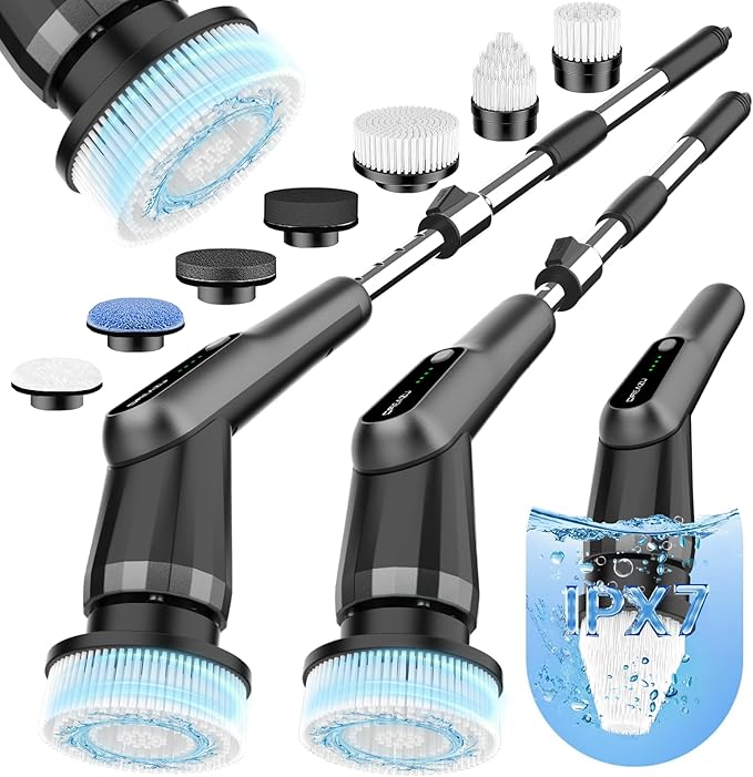 G2-Pro Electric Spin Scrubber - IPX7 Waterproof 12-in-1 Shower Cleaner Brush Retractable Handle &amp 2-Speed for Bathroom Bathtub Kitchen Tile Floors