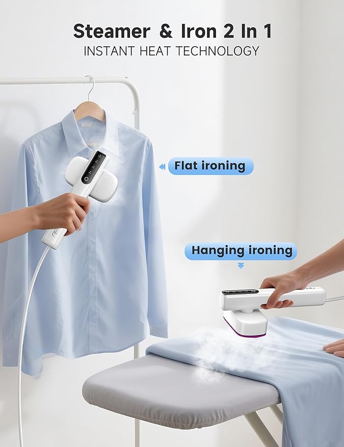 Steamer for Clothes 2-in-1 Travel Steamer &amp Iron for Clothes Portable Handheld Garment Steamer 15s Fast Heat-up 1200W Large Ceramic Heat Panel Quick Wrinkle Removal Travel &amp Home Use
