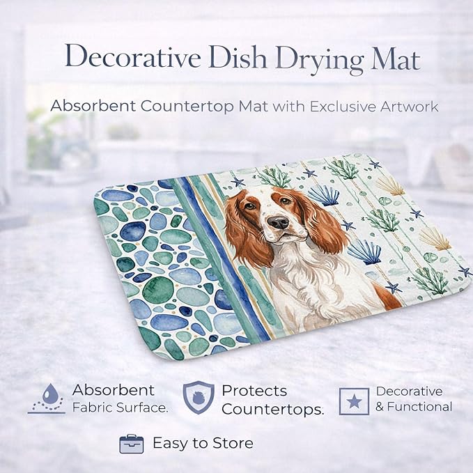 Caroline's Treasures Welsh Springer Spaniel Coastal Sea Glass Dish Drying Mat Absorbent Dish Drying Mat Pad for Kitchen Counter Dish Drainer Mat for Countertop 14 x 21 Multicolor