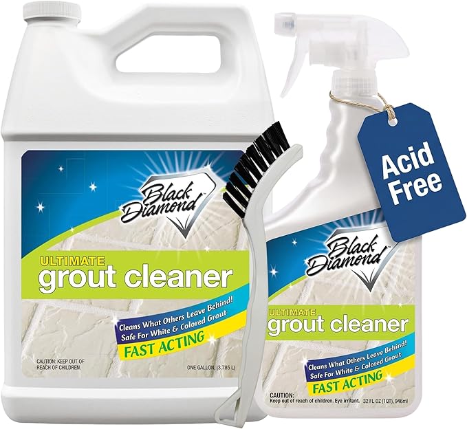 Black Diamond Ultimate Grout Cleaner: Best Cleaner for Tile Ceramic Porcelain Marble Acid-Free Safe Deep Cleaner &amp Stain Remover for Even The Dirtiest Grout. (1-Quart/1-Gallon/sm brush)