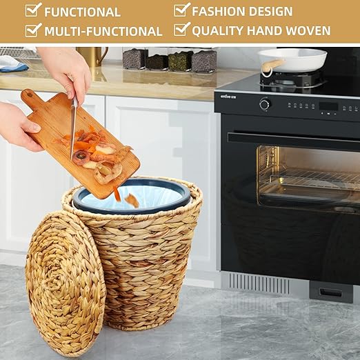 3 Gallons Wicker Waste Basket Can with Lid &amp Liner Handwoven Wastebasket Wastepaper Basket with 60Pcs Bag Wicker Trash Garbage Rubbish Can Bin Basket for Bedroom Bathroom Office Kitchen