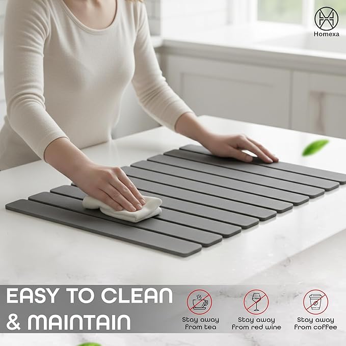 Large Stone Dish Drying Mat 24 x 16 – Quick Dry Diatomaceous Bath &amp Kitchen Mat with Non-Slip Base – Modern Absorbent Drying Pad for Plates Glassware &amp Bottles (Solid Dark Grey)