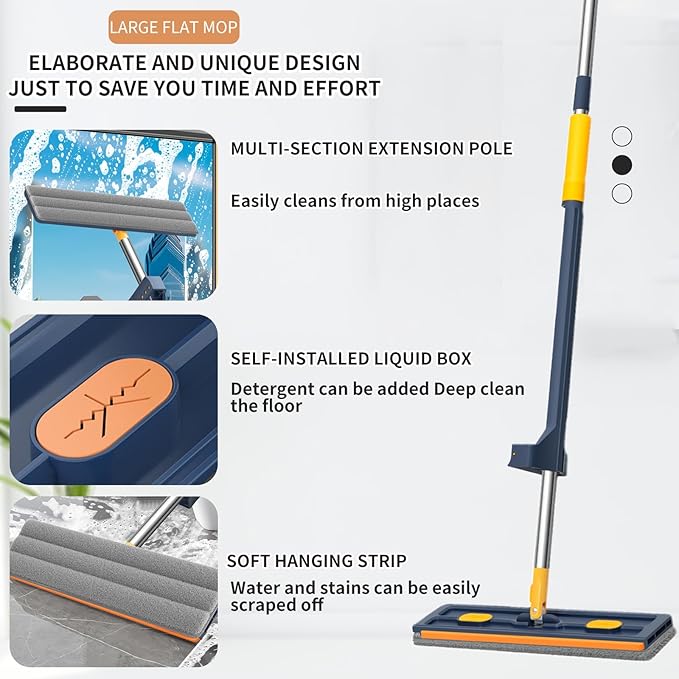 2025 New Large Flat Mop with 6 Reusable Mop Head Dry and Wet Flat Mop and Bucket Set Adjustable Handle Self Wringing Flat Mops 360 Rotation Flat Mop (White with 6pcs Mop Head)