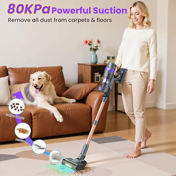 Cordless Vacuum Cleaner 80Kpa Lightweight Cordless Stick Vacuum 650W Rechargeable Battery Vacuum with 75min Runtime LED Display Stick Vacuum Cleaners for Home Pet Hair Hardfloor Carpet-V2 (Sliver)