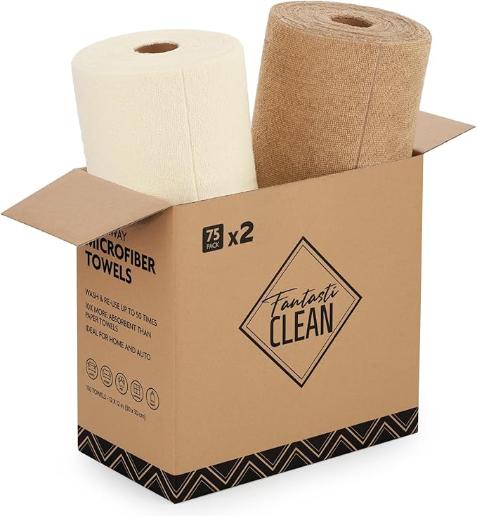 Fantasticlean Microfiber Cleaning Cloth Roll -150 Pack Tear Away Microfiber Towels 12 x 12 Reusable Washable Ultra Absorbent Dishcloth for All-Around Cleaning Supplies (Tan &amp Beige)