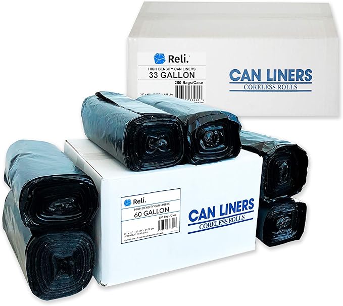 Reli. Trash Bags 55-60 Gal (150 Bags) &amp 33 Gallon Trash Bags (250 Bags)