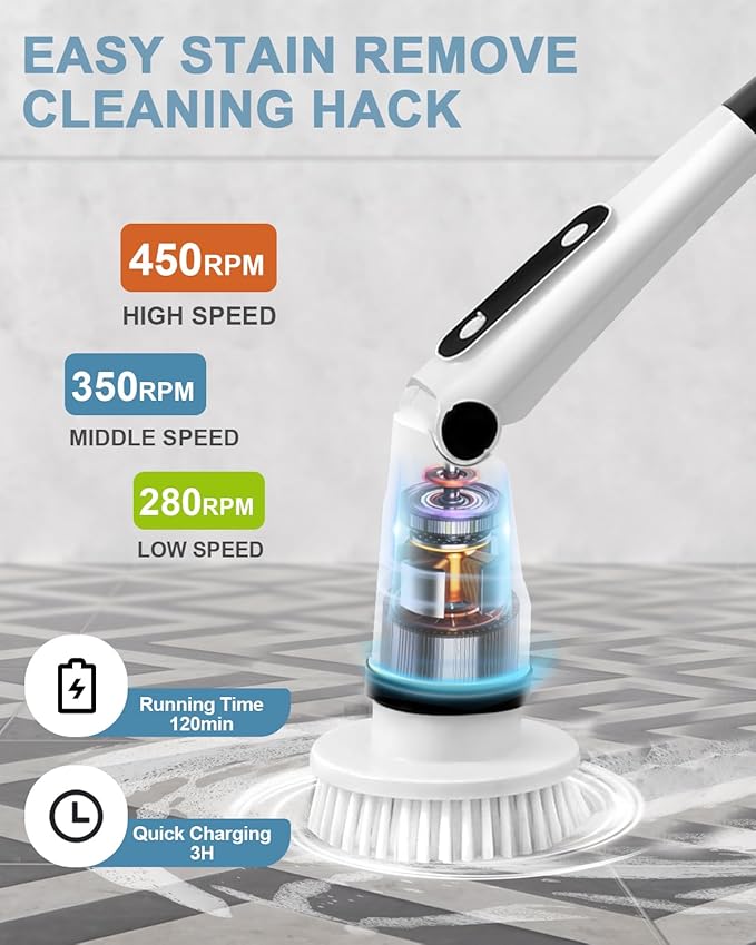 IEZFIX Electric Spin Scrubber Bathroom Power Shower Scrubber Cleaning Brush for Tub/Tile/Floor/Toilet/Kitchen 8 Cleaner Scrub Brush Heads 3 Speeds 450RPM Max Telescopic Rod Black