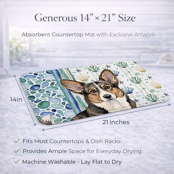 Caroline's Treasures Brindle Cardigan Welsh Corgi Coastal Sea Glass Dish Drying Mat Absorbent Dish Drying Mat Pad for Kitchen Counter Dish Drainer Mat for Countertop 14 x 21 Multicolor