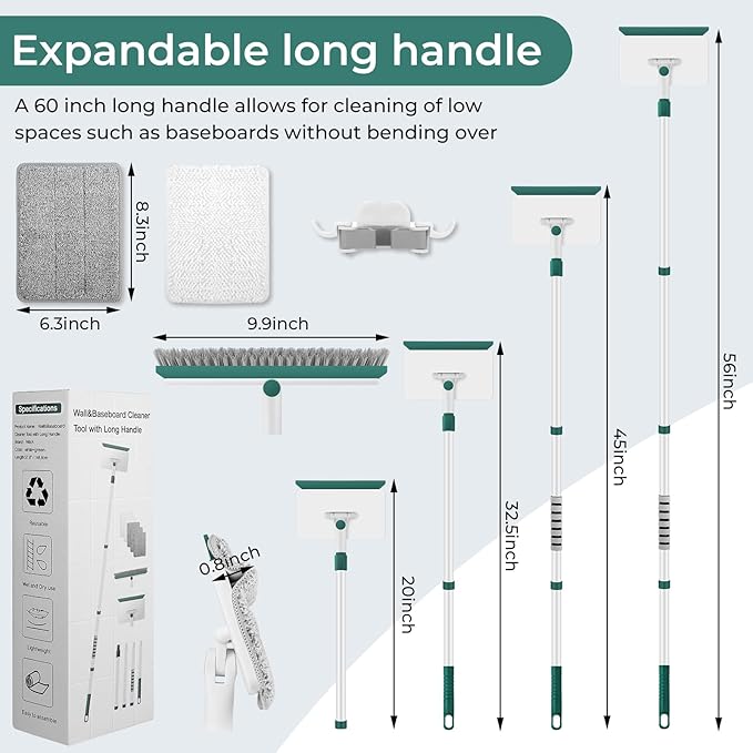 Baseboard Cleaner Tool with Handle 60 Extendable Long Handle Baseboard Cleaner with 5 Reusable Pads for Baseboards Cleaning Ceiling Wall Floor Bathroom Kitchen