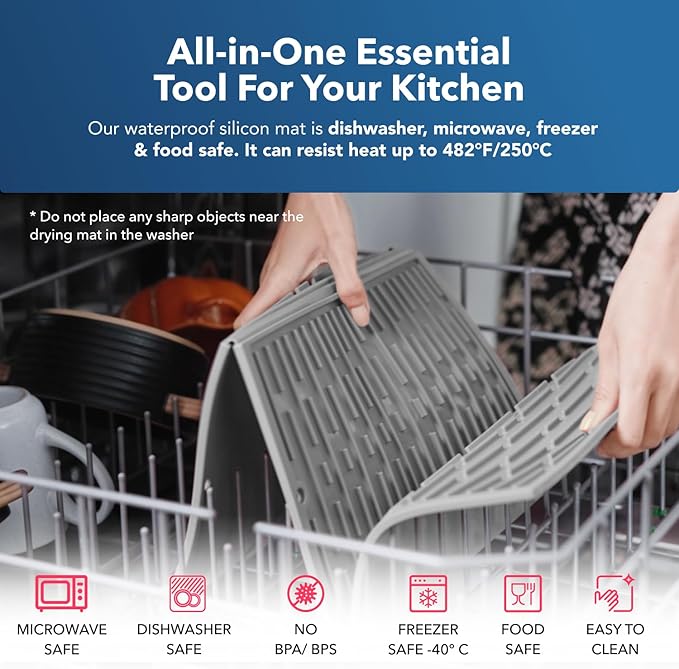 BTH 24 Extra Wide Foldable Dish Drying Mat for Kitchen Countertop Made In Korea Heat-resistant Premium Non-slip Silicone Mat Large Dish Drainer Mat Compact Folding Sink Liner Dishwasher Safe
