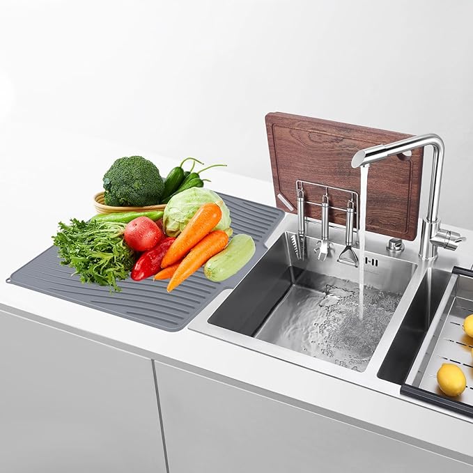Silicone Dish Drying Mat with Drain Lip 23.6'' x 17.9'' Non-Slip Silicone Dish Drying Mat for Kitchen Counter Heat Resistant Dish Drying Pad Quick Dry Self-draining Dish Drainer Mat Board Grey