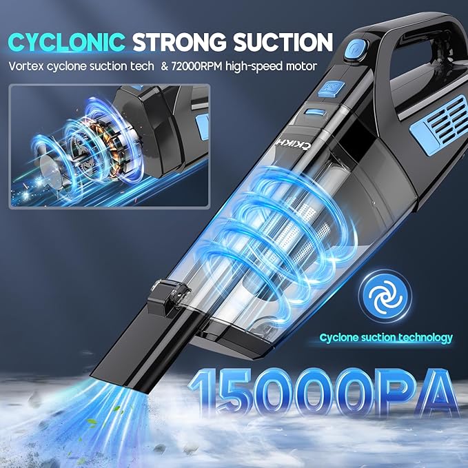 Handheld Vacuum Cordless 15000PA Strong Suction Hand Held Car Vacuum Cleaner Portable with Multi-Nozzles &amp Washable Filter Lightweight Dust Busters Rechargeable for Home Car Office Pets