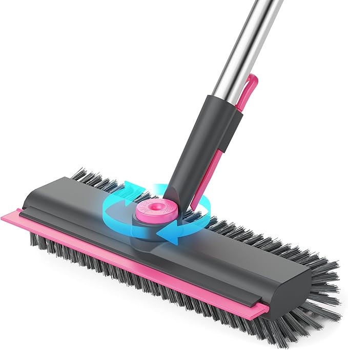 Floor Scrub Brush with Long Handle 3 in 1 Multi-angle Swivel Right Angled Bristle Floor Scrubber Brush with Squeegee and Tweezer for Tile Wall Deck Bathroom Patio Garage Kitchen (Pink and Grey)