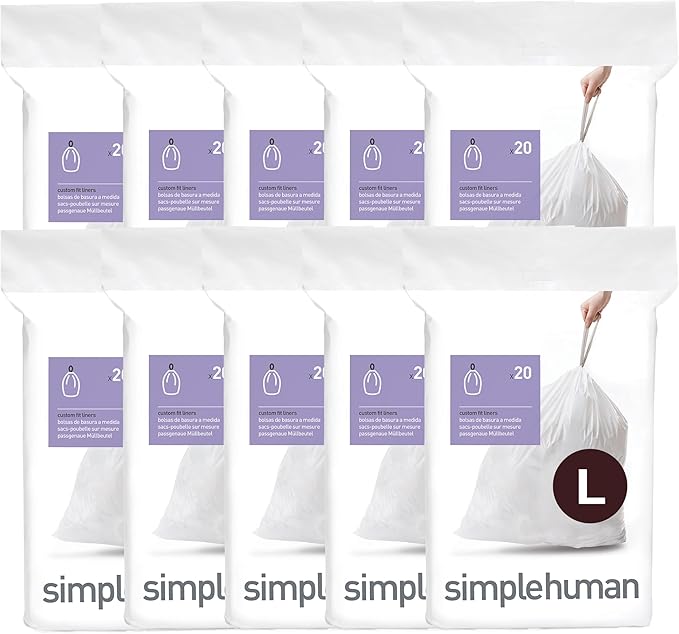 simplehuman Code L 200 Count Dispenser Pack Custom Fit Liners Drawstring Trash Bags 18 Liter / 4.7 Gallon White