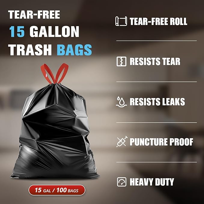 Pre-Separated Drawstring Trash Bags for 15 Gallon Trash Cans 100 Count Ultra Strong Black Tall Kitchen Garbage Bags Tear-Free Large Trash Liners for Lawn &amp Yard
