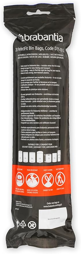 Brabantia PerfectFit Trash Bags (Size D / 4-5.3 Gal) Thick Plastic Trash Can Liners with Drawstring Handles (20 Bags) (Pack of 3)