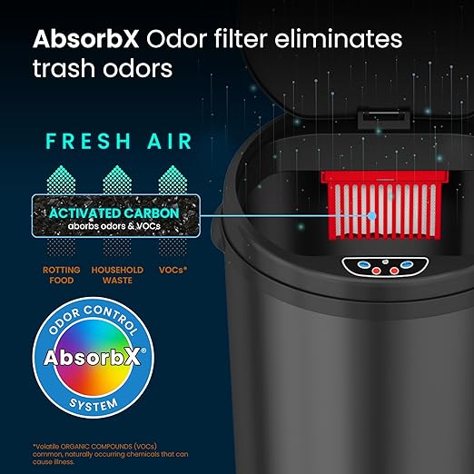 iTouchless 8 Gallon Sensor Trash Can with Odor Filter System 30 Liter Round Black Steel Garbage Bin Perfect for Home Kitchen Office