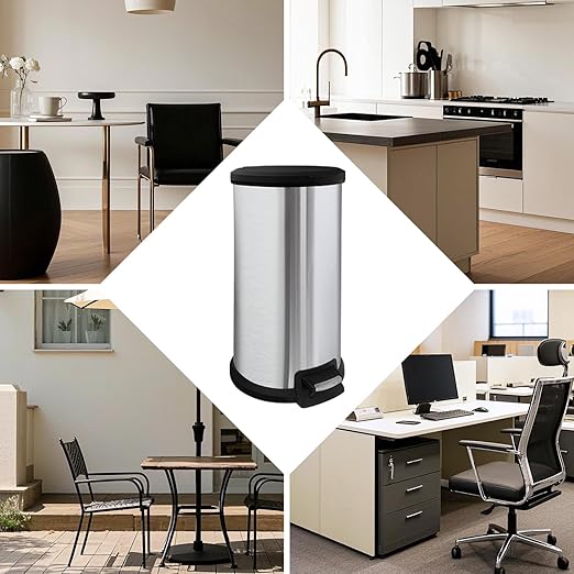 10 Gallon Trash Can with Lid Tall Round Stainless Steel Kitchen Garbage Can with Plastic Lid Liner Free Step-on Pedal Hand Free Trash Can 40 Liter Capacity Silver