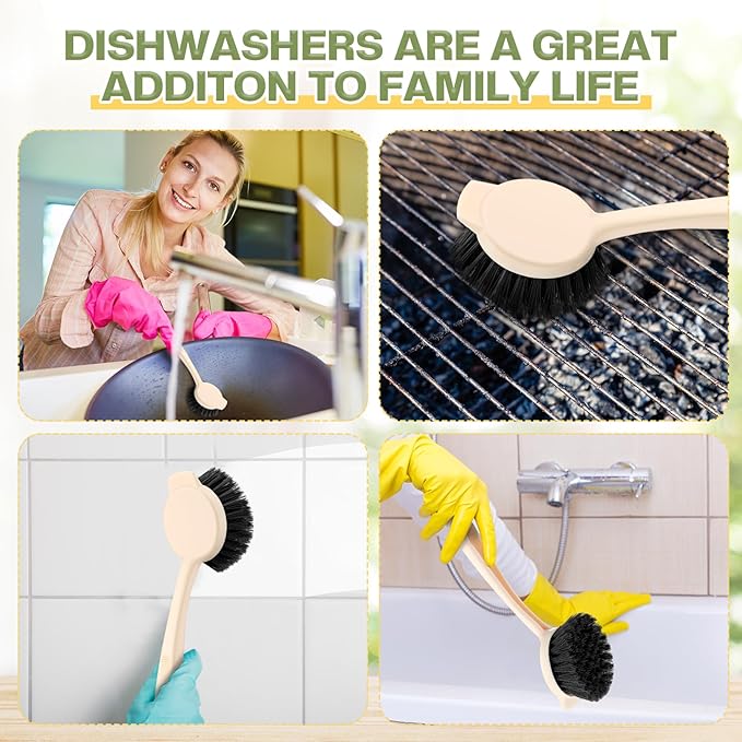 16 Pack Dish Brush with Handle Dish Scrubber Brush with Built-in Scraper Kitchen Scrub with Stiff Bristles Long Scrubber for Home Restaurant Pot Sink Washing Cleaning Supplies Beige